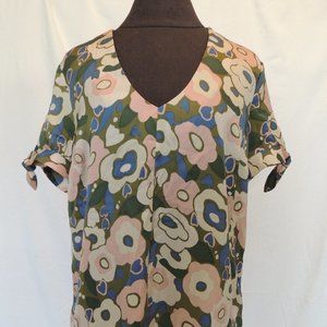 Modcloth Sz L Blouse Top Floral Retro Short Sleeve V Neck